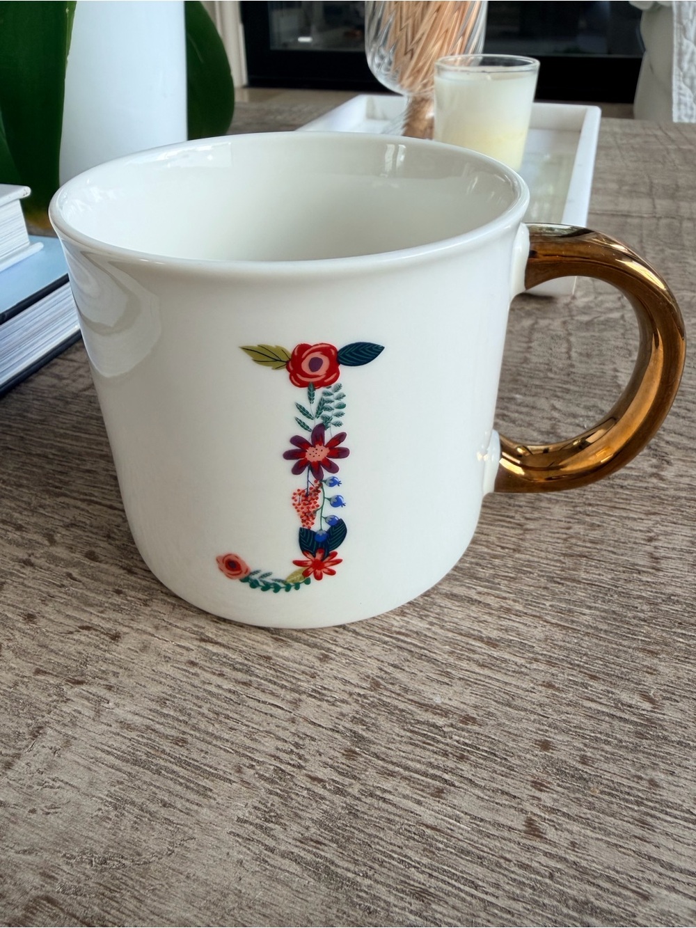 Opalhouse White Floral Monogram J Mug with Gold Handle please see pictures